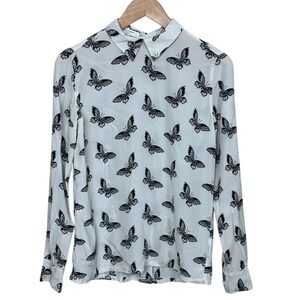 EQUIPMENT White Black Butterfly Print Silk Long Sleeve Collared Shirt Top XS